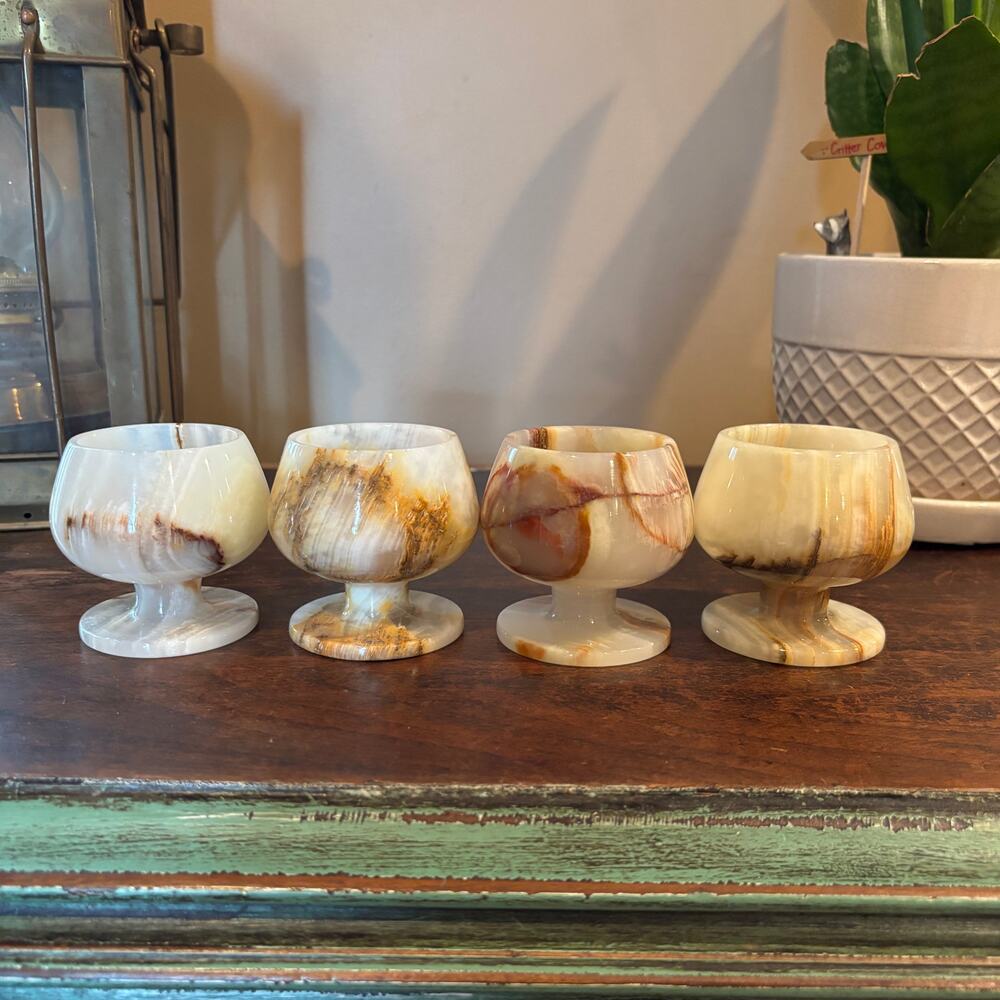 Vtg 4 Hand Carved Onyx Mini Goblets Barware, Alabaster Wine Cup, Shot Glass, 70s